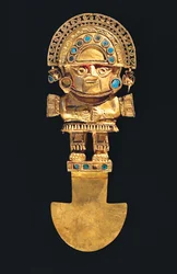 Tumi of ceremonieel mes in de vorm van Naylamp, Chimú, goud en halfedelstenen